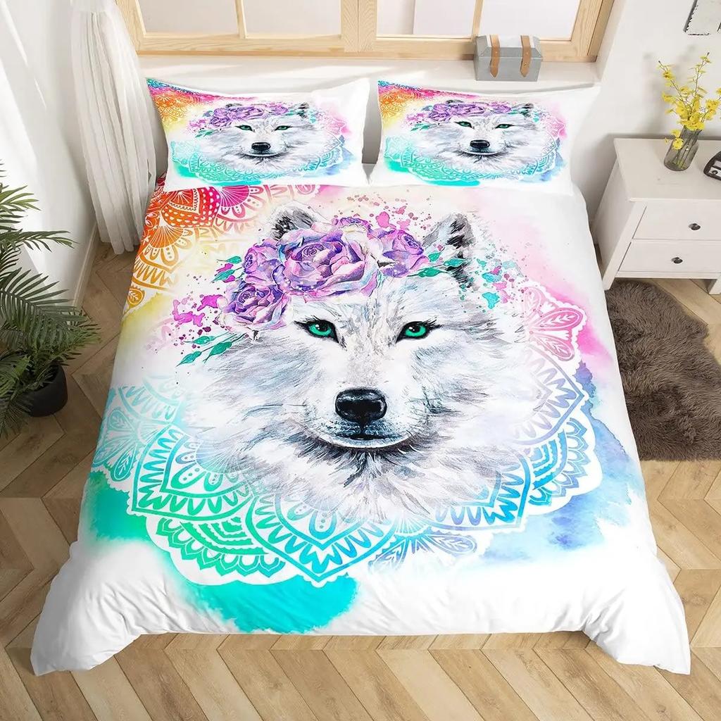 Wolf Duvet Cover Twin King Size, Roaring Wolves Wildlife Bedding Set Aurora Animals Galaxy Print Comforter Cover for Kids Boys