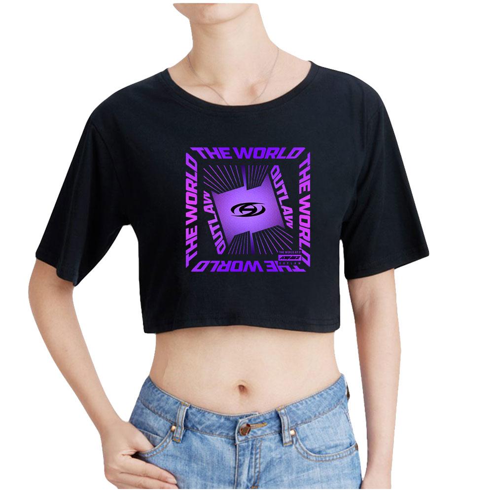 

Summer Women Black Short T-Shirts Sexy Crop Tops Short Sleeve THE WORLD EP.2 OUTLAW Kpop Tops Female Shirts