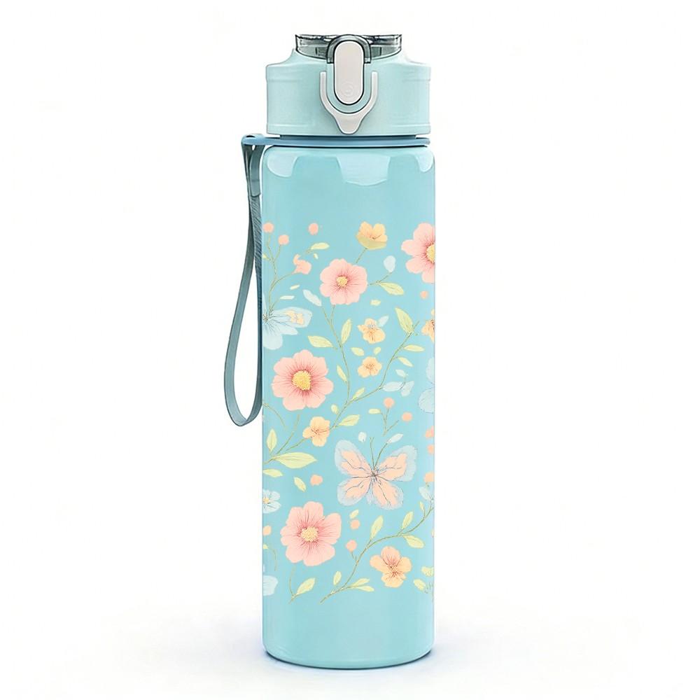 1PC Soft Pastel Mixed Small Floral Pattern Print 750ml Color Plastic Sports Water Bottle Leakproof Flip Straw Lid Suitable for Sports Office Home Use