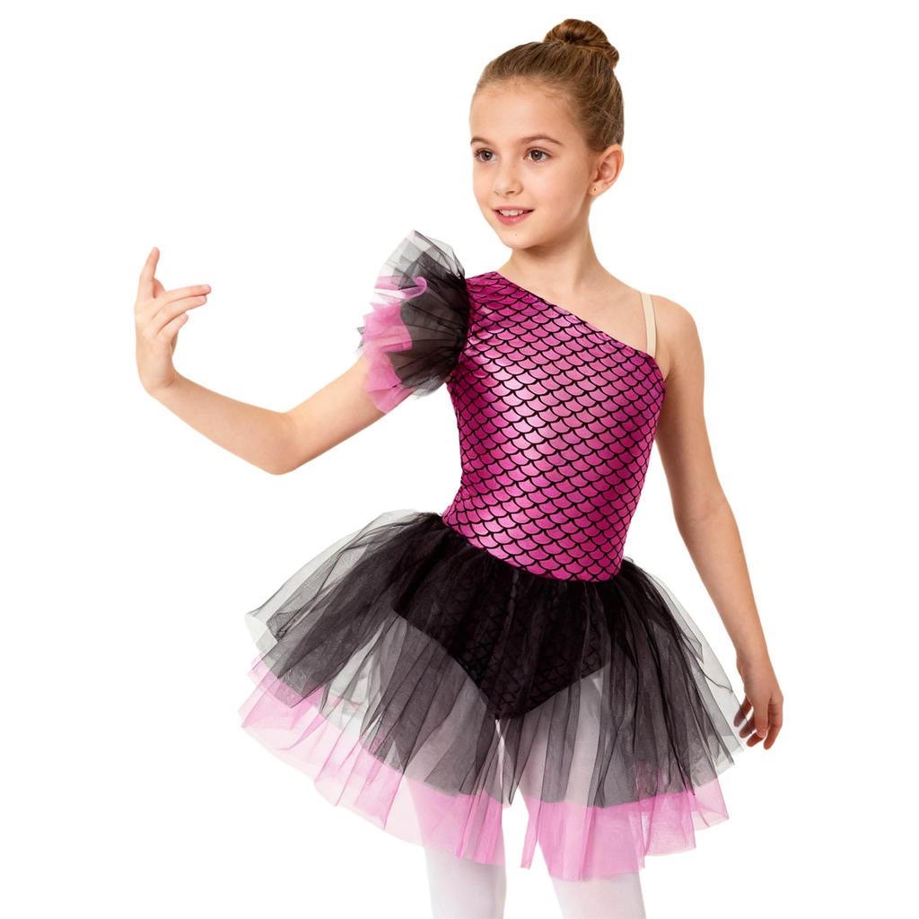 Girls Ballerina Tutu Dress One Shoulder Sleeveless Mermaid Fish Scales Print Camisole Leotard Halloween Dance Costume