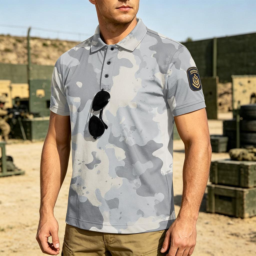 Men Tactical Polo Shirt with Hook and Loop Patch Short Sleeve Digital Print Turn Down Collar Loose Fit Outdoor Quick Dry Top