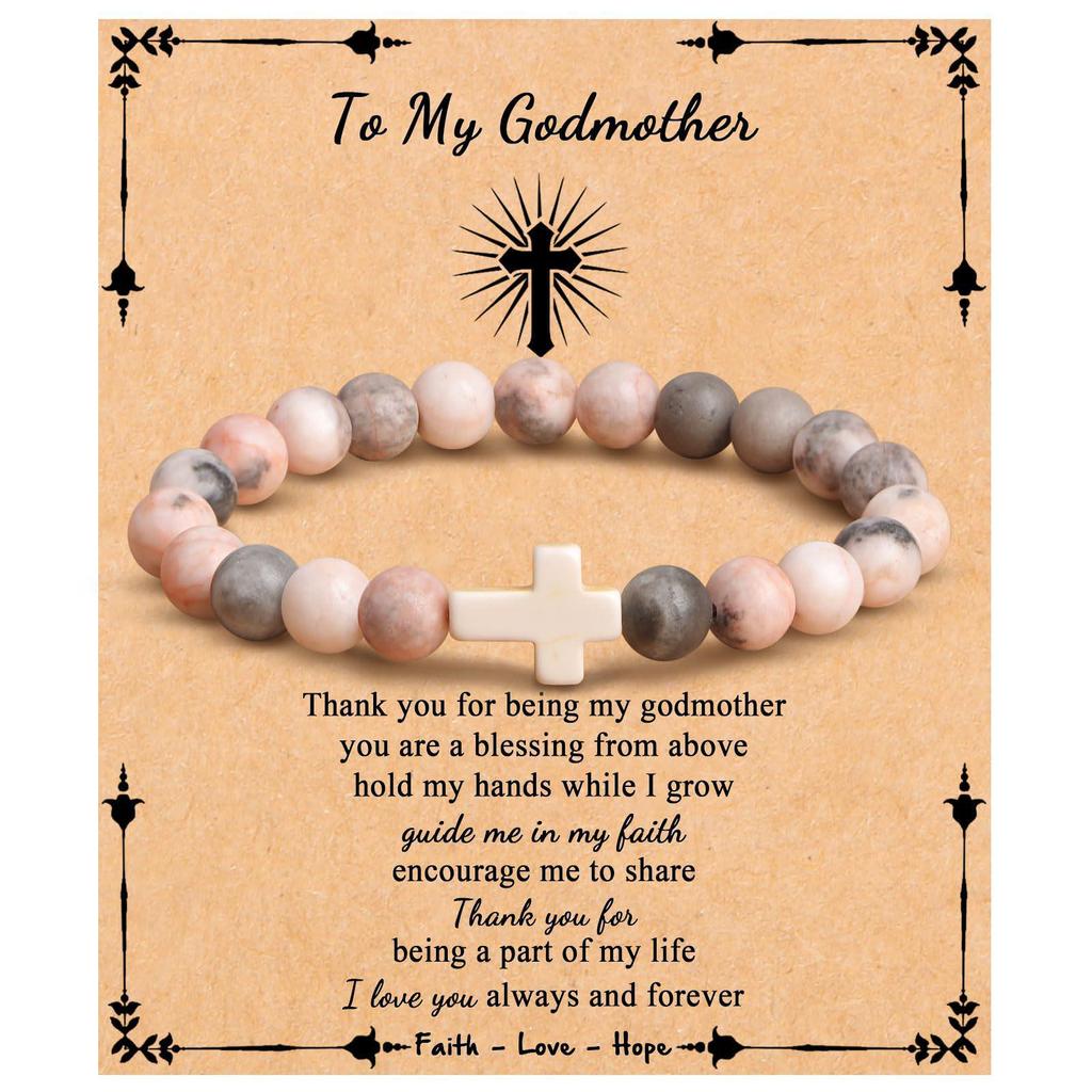 Emperor Stone Pink Zebra Beaded Bracelet with Cross Charm