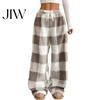Soft Fluffy Home Pants Women Plaid Wide Leg Pants, Drawstring High Waist Thick Coral Fleece Retro Warm Loungewear, Anti-Pilling Casual Pajama Bottoms