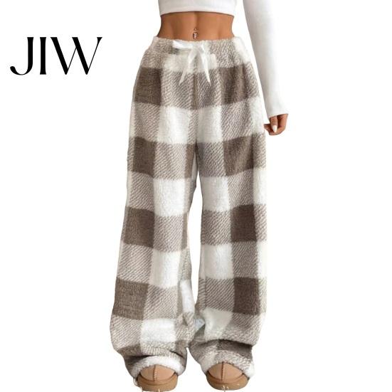 Soft Fluffy Home Pants Women Plaid Wide Leg Pants, Drawstring High Waist Thick Coral Fleece Retro Warm Loungewear, Anti-Pilling Casual Pajama Bottoms