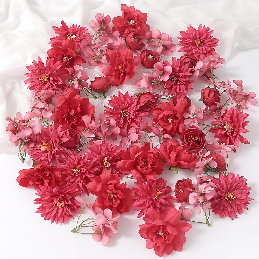 48Pcs Pink Silk Faux Daisy Rose Artificial Flower Heads for DIY Cake Wedding Decortion Party Home Room Garment Decor Fake Flower