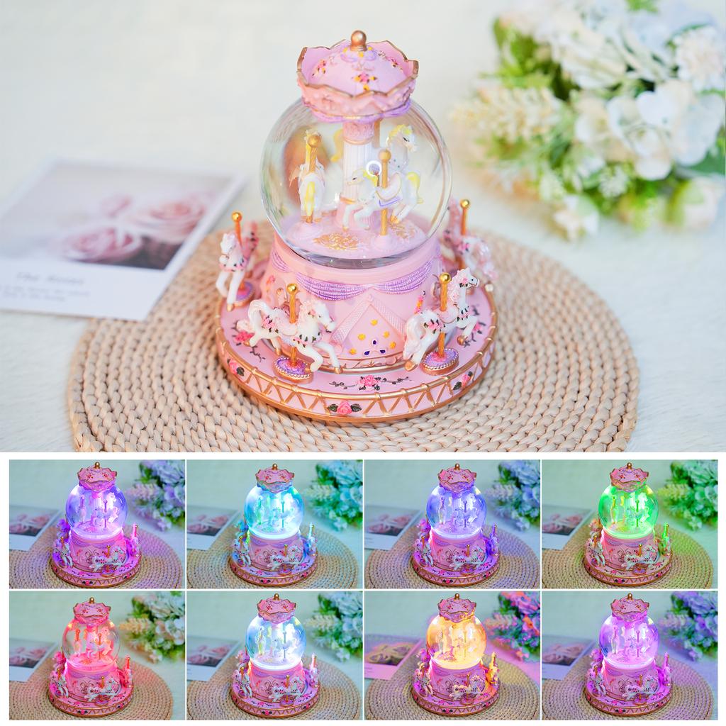 Rotating Carousel Music Box Crystal Ball Light up Snow Globe Wind up Musical Box Colorful Lights Cute Little Horses