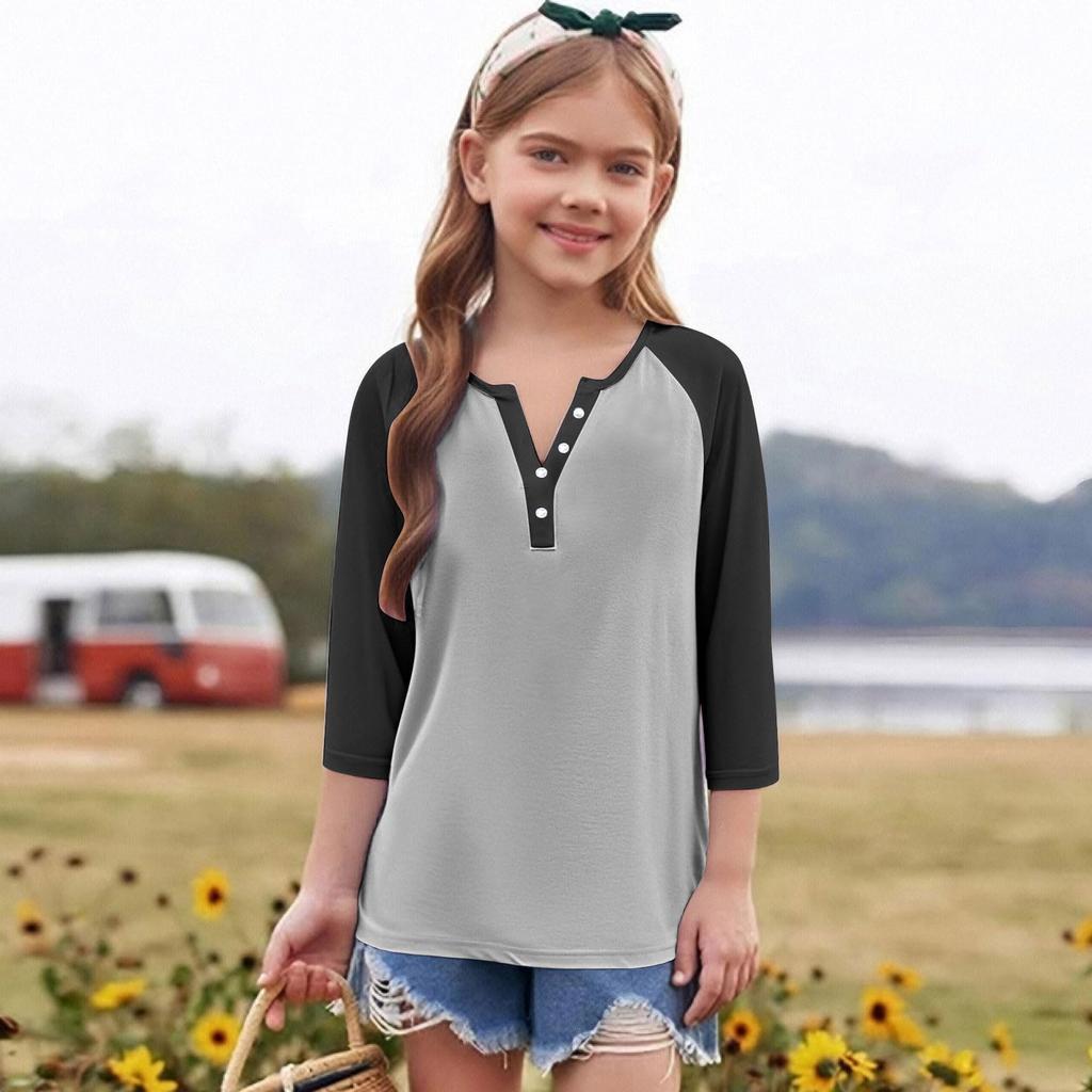 Print Tops For Youth Girls Round Neck 3/4 Sleeves T-Shirts Trendy Tops Outfit Tees