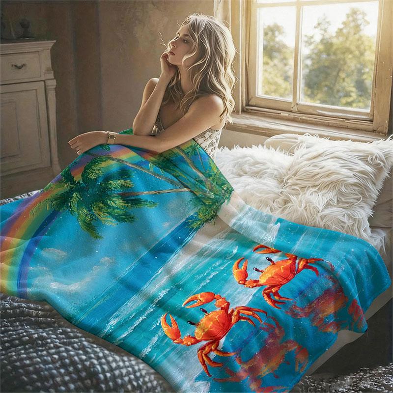 Beach Crabs Palm Rainbow Flannel Blanket Perfect for Sofa Office Bed Travel Sleep Read Relax Camping Four Season Use