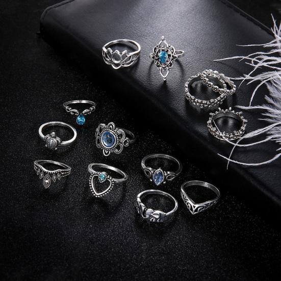 13 ks prstenů Vintage drahokamu Dekor Dutina Leštěný nerez vyřezávaný Star Crown Turtle Tvar Vynikající sada prstenů na prstech Lady Finger