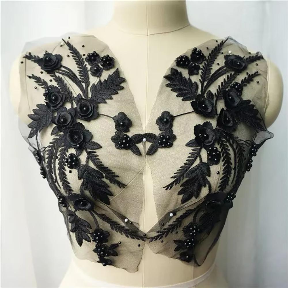 Appliques Sew White Black Wedding Gown Appliques 3D Flower Tassel Beads Lace Appliques Sew Patch