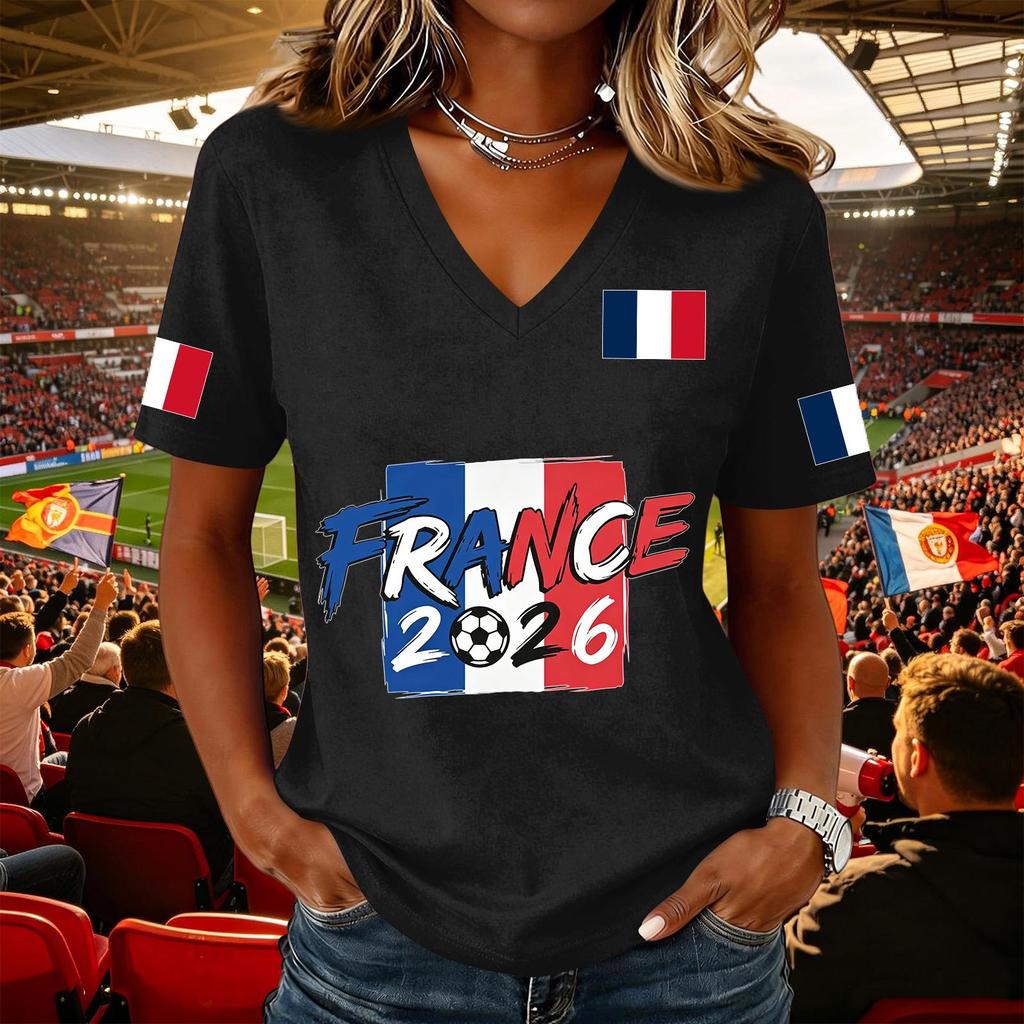 Women's Casual V Neck Pullover Top Short Sleeve Soccer Fan Shirt National Flag Print Support Tee for Outdoor Activities