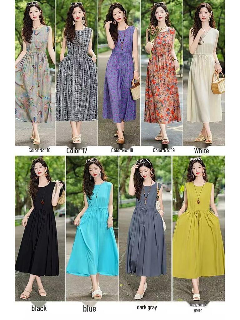 New Summer Floral Cotton-Silk Sleeveless Dress - Plus Size, Loose Fit, Slimming, Vacation Style Mom’s Long Dress