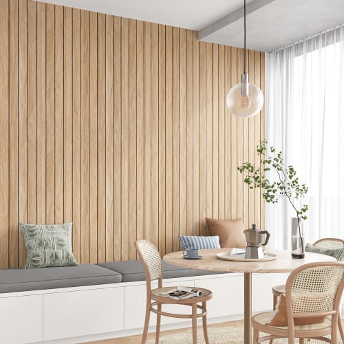 VEELIKE 3D Beige Wood Grain Wallpaper Slatwall Panel Sticker, 3mm Thick, 42.8x300cm, with Sponge, Strap Wood Grain Wall Panel, Remake Sheet, Cuttable,