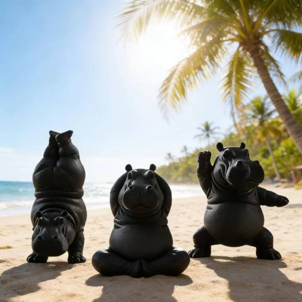 3Pcs Art Crafts Yoga Hippo Statue Calm Animal Hippopotamus Ornament Hippo Figurines  Desk Decoration