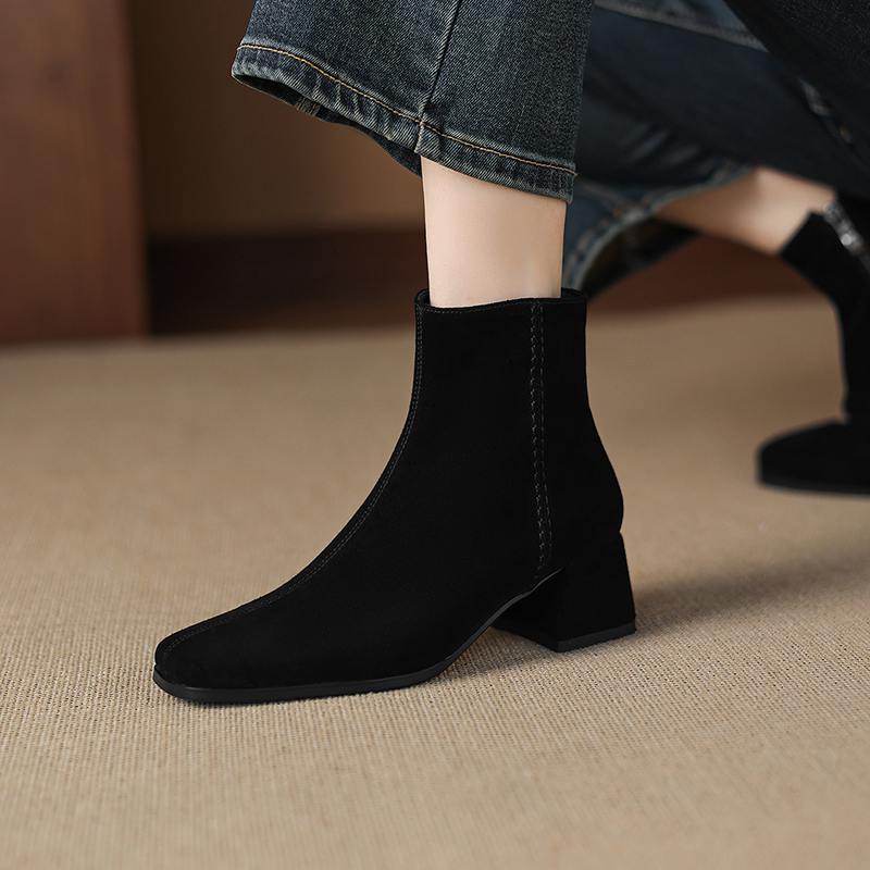 Krazing Pot 2026 cow suede nubuck Winter Square Toe Chunky Heels Chelsea Fashion Boots Women Zip Retro Women Ankle Boots