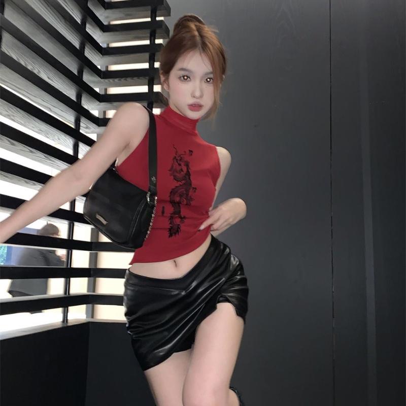 Summer Retro Print Turtleneck Tank Top Women Hotsweet Sleeveless Slim Camisole