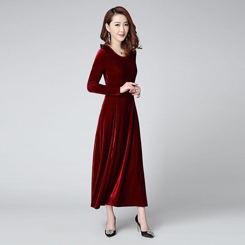 Women's Crew Neck Long Sleeve Solid Velvet Maxi Dress High Waist A Line Elegant Winter Formal Evening Dress