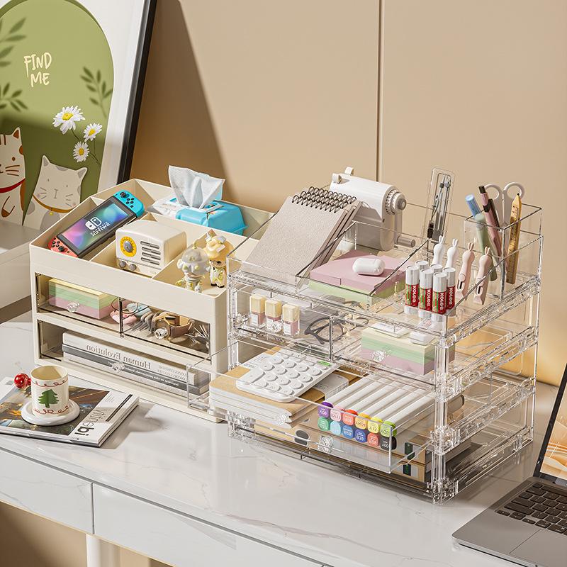 Desktop Storage Box with Drawer – Dustproof, Transparent Organizer for Dorm Desk and Office Stationery/Books/Documents