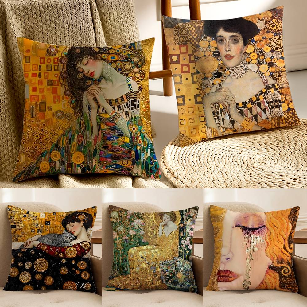 Gustav Klimt Oil Painting Pillow Case Anti-Dustmite Pillowcase Invisible Zipper Silky Sofa Cushion Cover