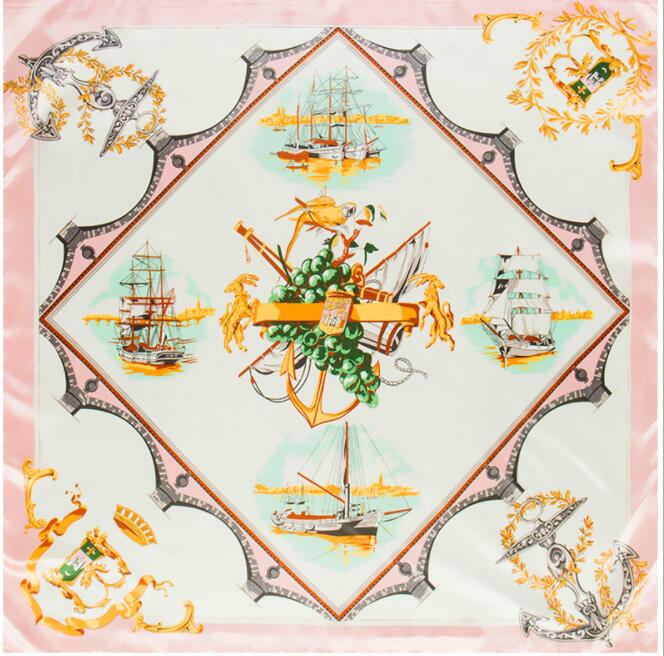 90*90cm Luxury Brand Women Silk Scarfs Sailing Boat Design Square Scarves Spring Summer Shawls For Ladies