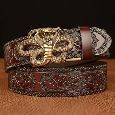 Cintura da Uomo di Alta Qualità Cintura in Vera Pelle per Uomo Intaglio Motivo Floreale Animale Serpente Fibbia Automatica Dorata Cinturino per Jeans