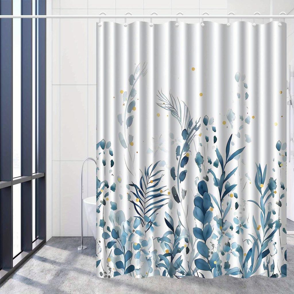 1Pc Nordic Modern Fresh Blue Plant Flower Shower Curtain, High-End Elegant Bathroom Curtain, Bathroom Decoration Pattern