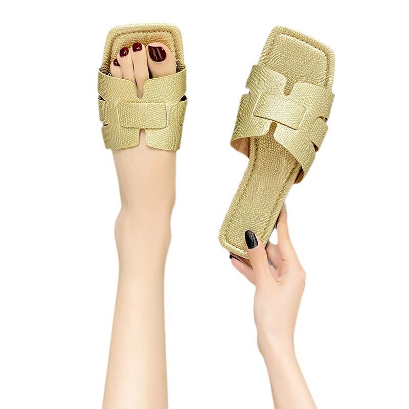 Women's Slippers Summer Square Head Flat Bottom Women's Sandals Lazy Large Size Beach Shoes