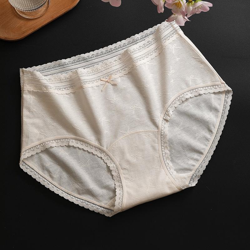Calcinhas Femininas de Algodão Jacquard com Laço Respirável de Entrepernas Longo para Primavera e Outono