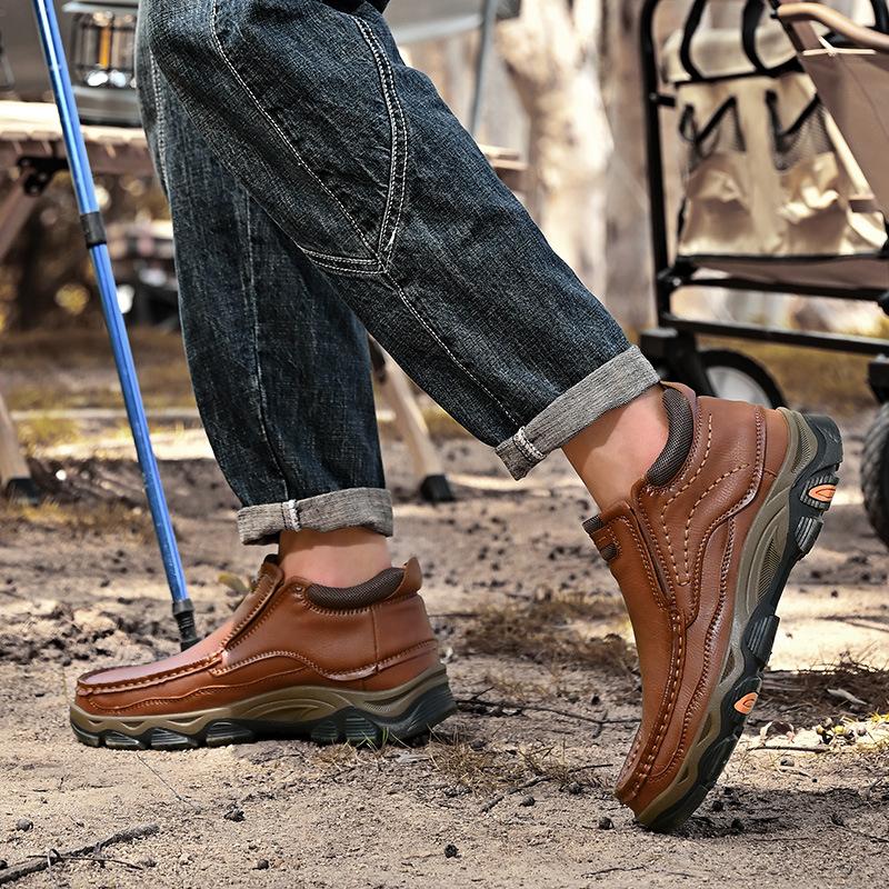 Men's Waterproof Slip On Faux Leather Hiking Booties for Male Outdoor Non-Slip Walking Sneakers Casual Loafers Work Shoes Comfortable Short Boots