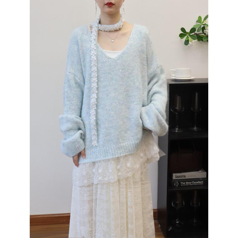 

Осень новый дизайн с кружевом и пайетками, свитер с круглым вырезом, пуловер, свободный, милый вязаный свитер-топ для женщин one size fits all синий