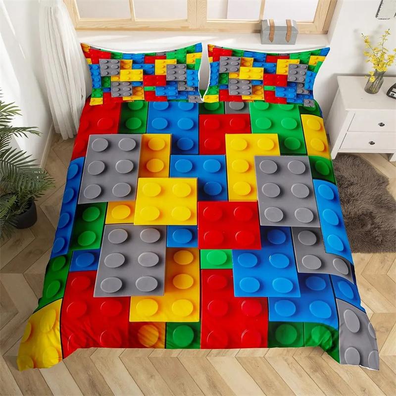 Colorful Toy King Queen Duvet Cover 3D Building Block Pattern Bedding Collection Fun Brick Quilt Cover Gradient Rainbow Comforter Cover