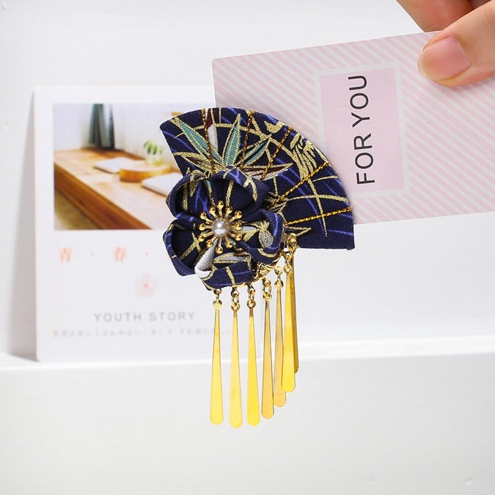 Elegant Kimono Hair Clip Metal Tassel Traditional Fan Shape Hairpin Sakura Flower Cloth Flower Hair Accessories Kids Girls