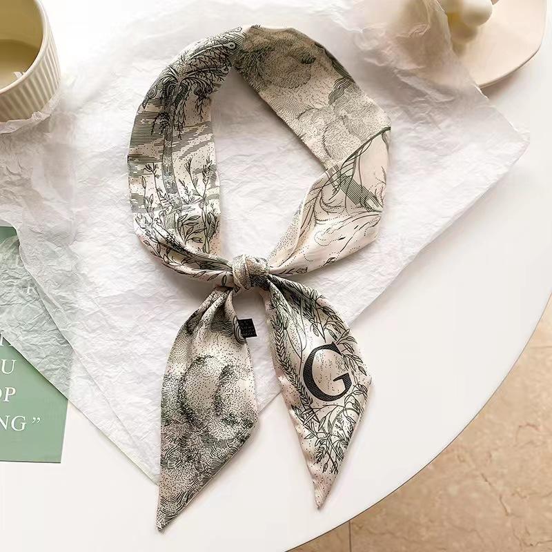 Small White And Tender Green Silk Scarf For Women, Thin Streamer, Headband, Hair Tie, Bag Decoration Long