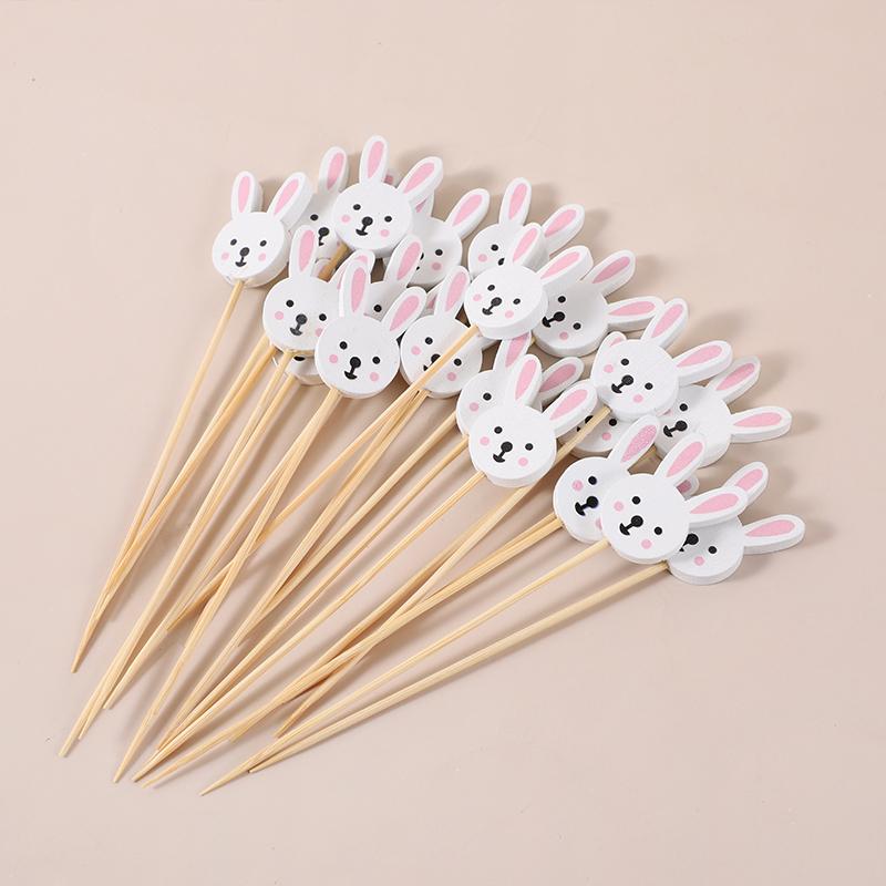 100pcs Easter Disposable Bamboo Skewers Rabbit Eggs Food Picks Fruit Fork Cupcake Buffet Stick Easter Party Decoration Birthday