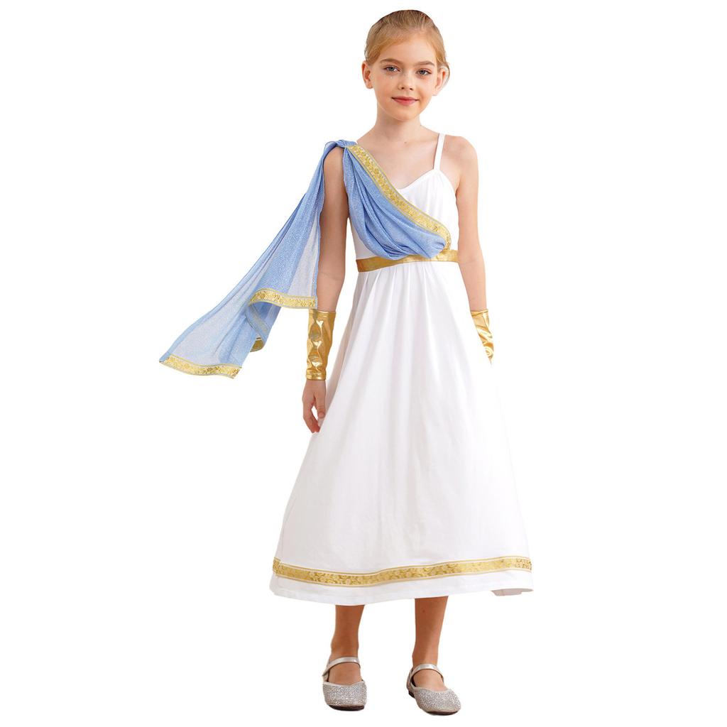 Disfraz de Princesa Griega Antigua para Niñas Vestido Camisola de Cintura Alta Capa con Bordado Dorado Manga para el Brazo Atuendo de Halloween