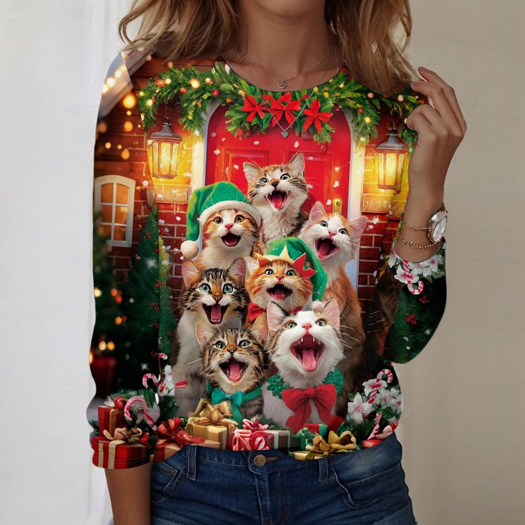 Christmas Limited Edition Women's 3D Christmas Gift Kitten Print Round Neck Long Sleeve Hoodie Fashion Casual Long Sleeve Top