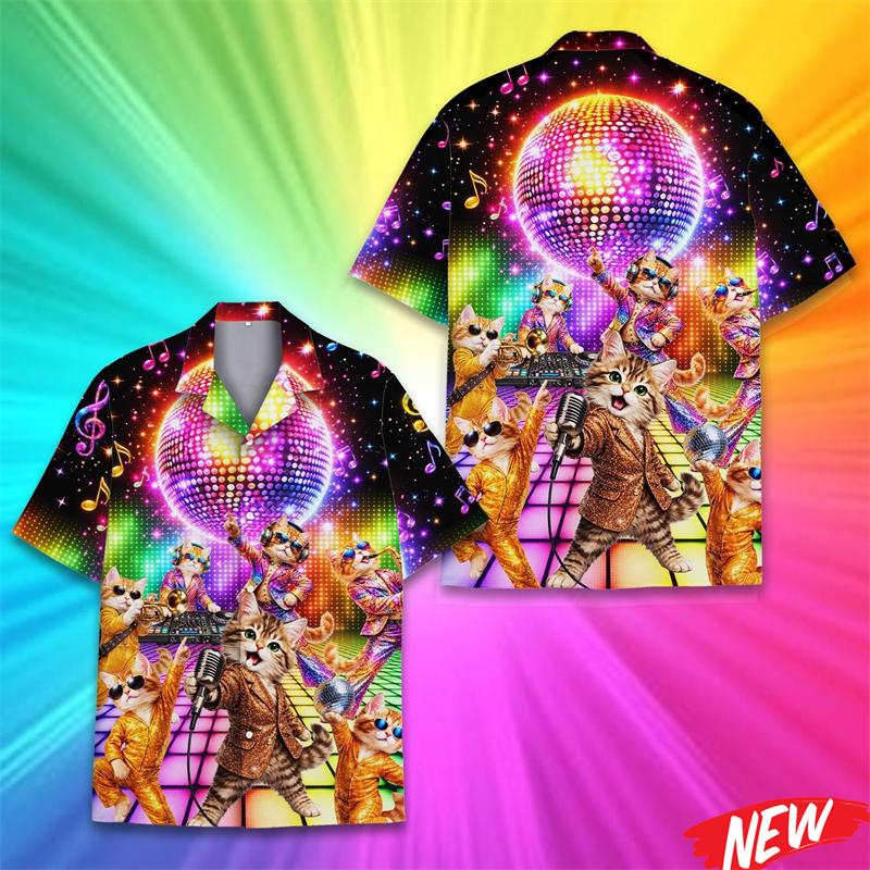 Lustiges Neon-Katzen-Grafik-Hawaihemd Herren Neues Design 3D-Druck Tierhemden Sommer Street Kurzarm Reversbluse Oberteile