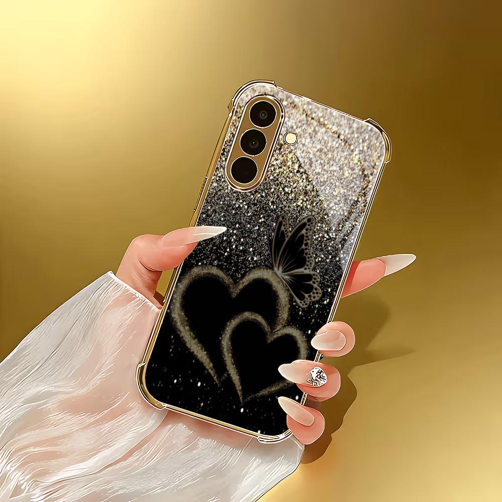 Goldene herzförmige Glas-Handyhülle geeignet für Samsung Galaxy S26 S25 S24 S23 S22 S20 FE/Ultra/Plus stoßfeste Rückabdeckung