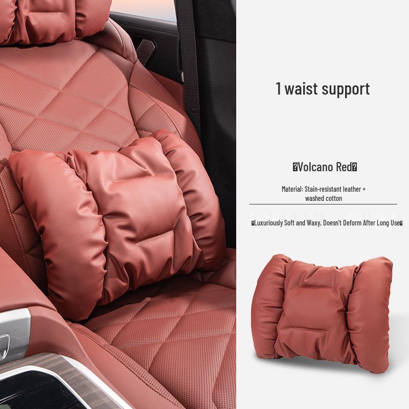 Nappa Leather Car Headrest & Lumbar Support Pillow Set - Universal Comfort Interior Accessory