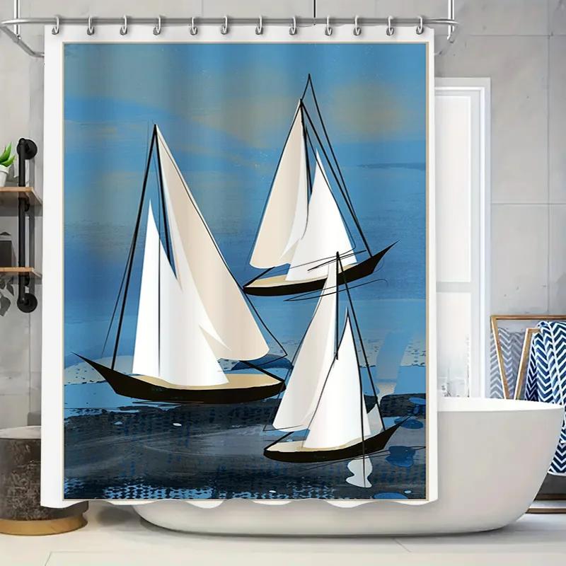 

Blue Sailboat Shower Curtain Waterproof Polyester Fabric Decorative Bath Room Wall Hanging Home Decoration W60H190(CM)-1 Pcs