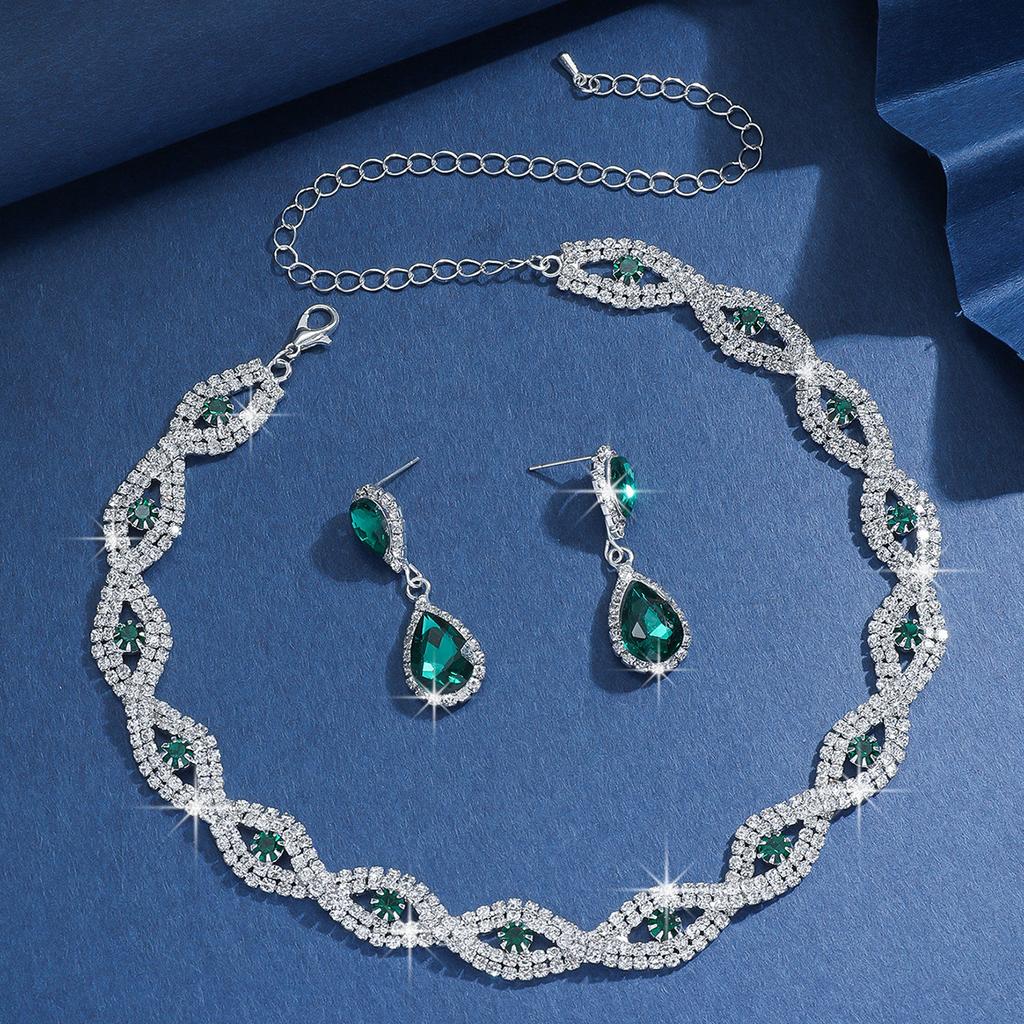 Collier tissé personnalisé avec strass, Ensemble boucles d'oreilles goutte d'eau, Diamants rouge, vert et noir, Bijoux de mariée brillants