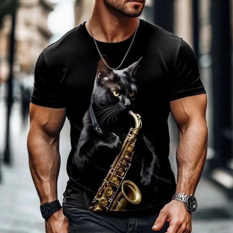 Men's T-shirt Outdoor Casual Summer Round Neck Tops Short Sleeve 3D Cat Printed Pattern Polyester Loose Men's Clothing