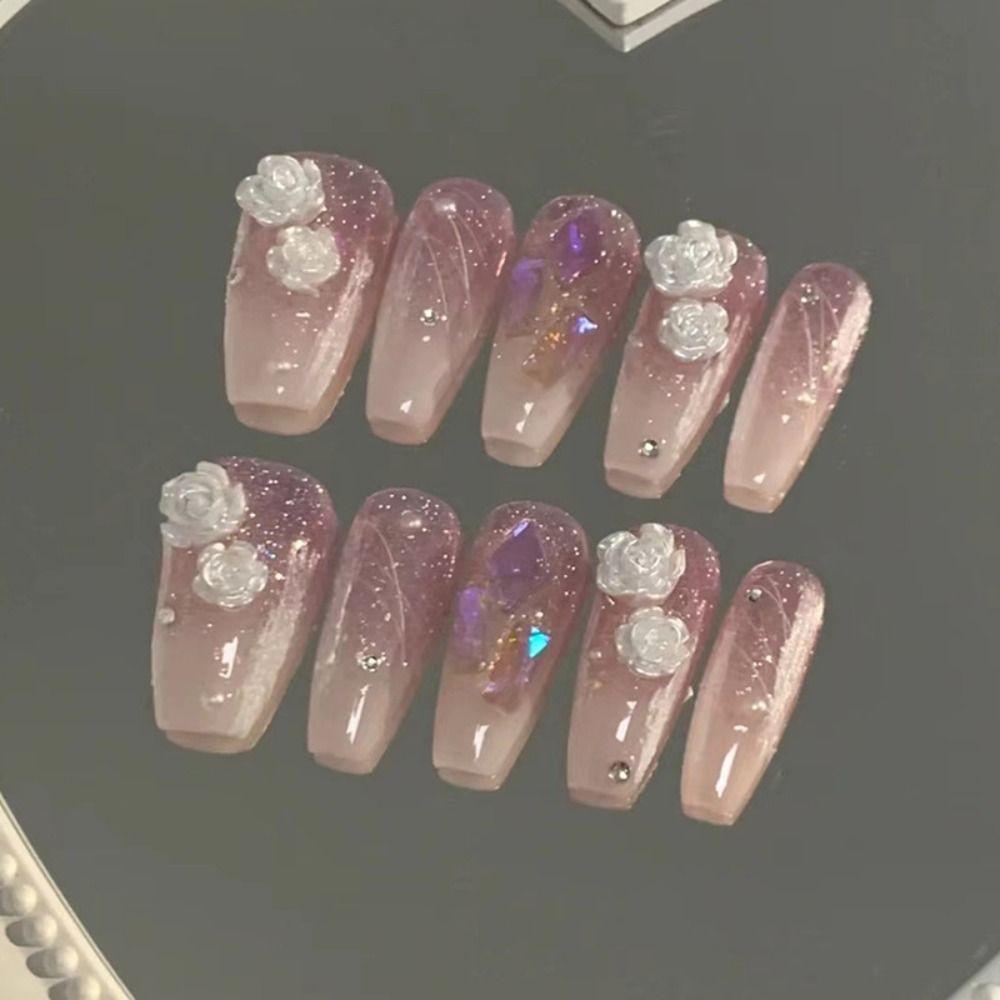 

24pcs Detachable White Camellia DIY Press on Nails French Ballerina Fake Nails Long