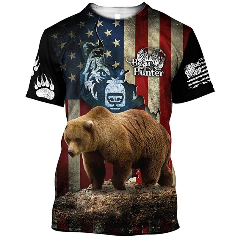 Pánské outdoorové lovecké tričko s 3D potiskem zvířete medvěda, ležérní streetwearové tričko s O-výstřihem a nadměrnou velikostí