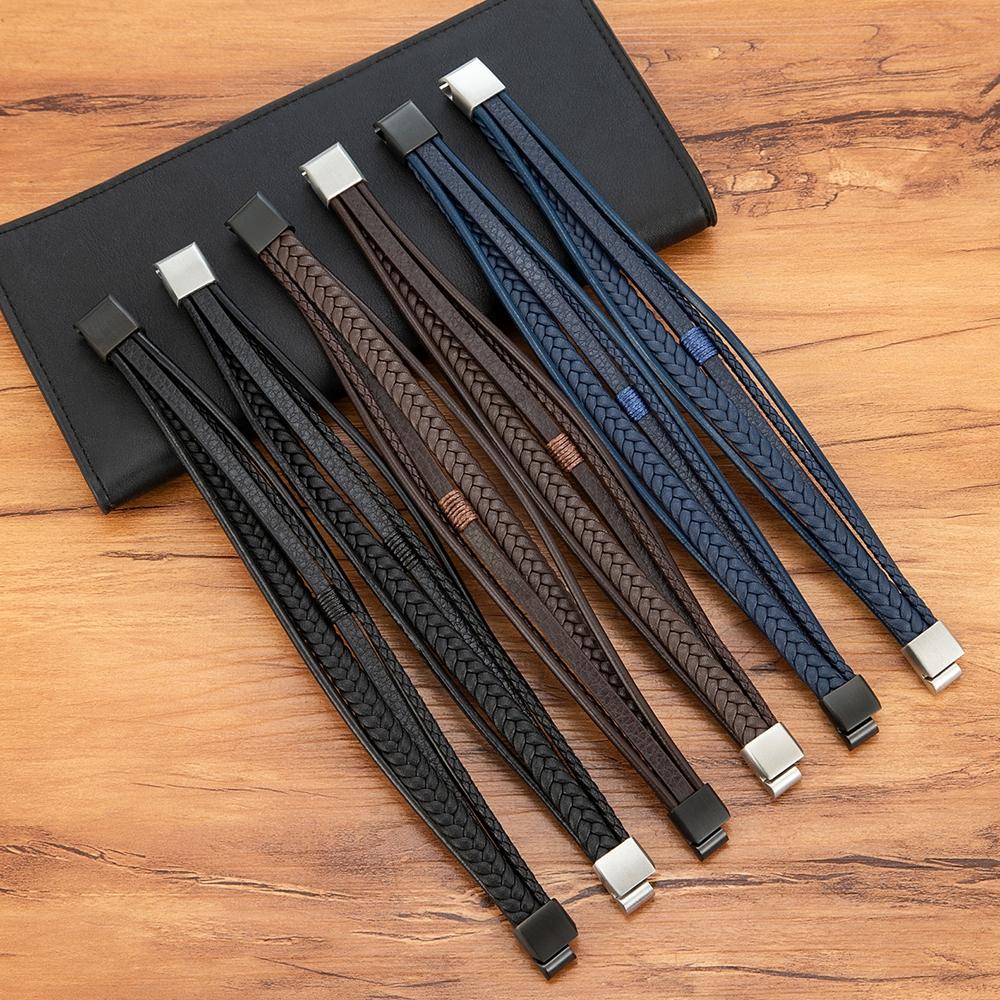 Luxury Fashion Hand-Woven Leather Bracelet Multilayer Men's Bangles Stainless Steel Magnetic Buckle Party Jewelry Gift