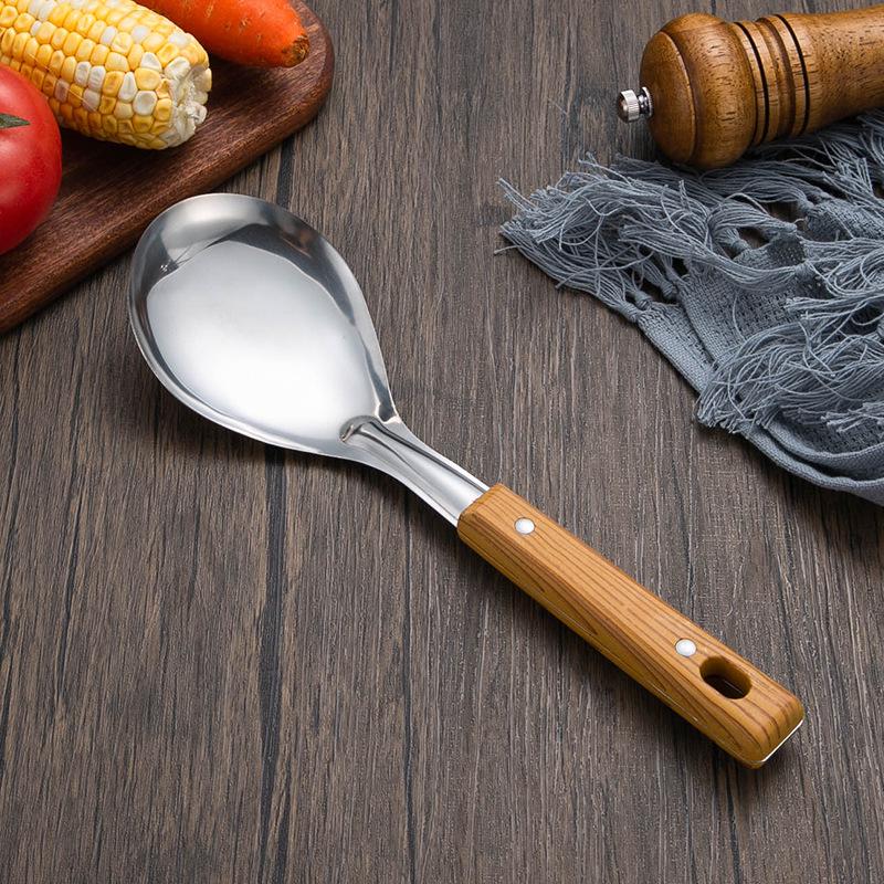 Stainless Steel Cookware Set: Anti-Scald Handle Wok Spatula, Soup Ladle, Slotted Spoon, Imitation Wood Grain, Thickened Stir-fry and Frying Tools.