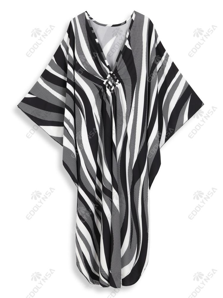 EDOLYNSA Striped Lady Kaftan Black Robe Oversized Light jacket Summer wear Vacation Party Long Dress Bathrobe Beach dress Q1289