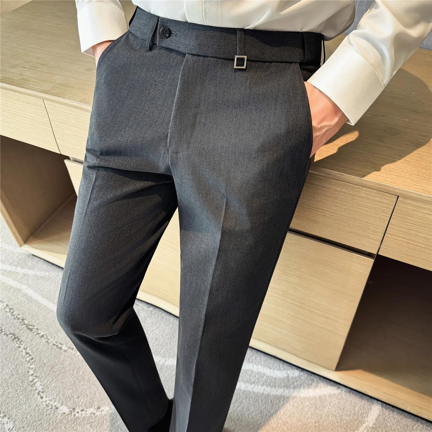 

Весна Осень Высокое Качество Мужские Брюки от Костюма на Эластичной Талии Модные Смарт-Кэжуал Приталенные Брюки для Костюма Мужские Однотонные Брюки в Полную Длину 33 темно серый