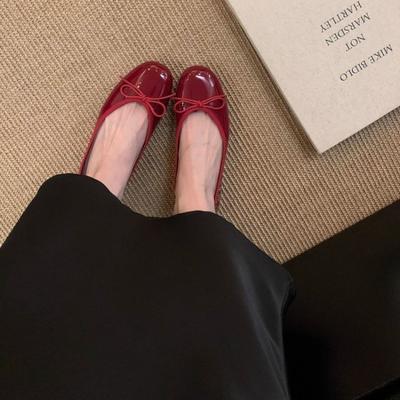 Gentle Bow Red Small Single Shoes Women's Spring New Soft-soled Ladyshoes Flat-soled Grandma Shoes