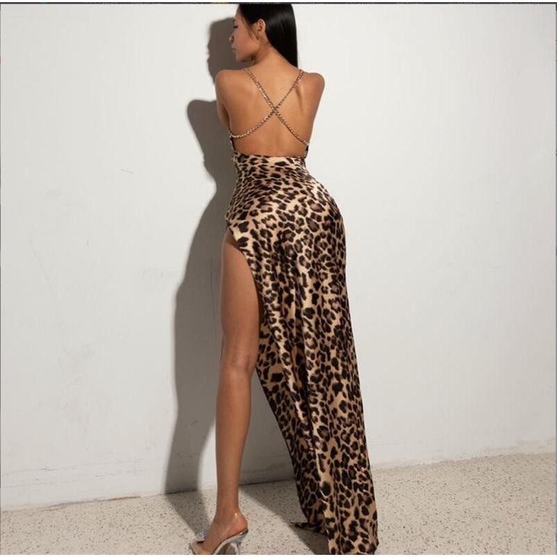 Leopard Printed Sexy Backless Maxi Dress Spaghetti Strap Bodycon Dresses Lady Women Clothes Cocktail Party Club